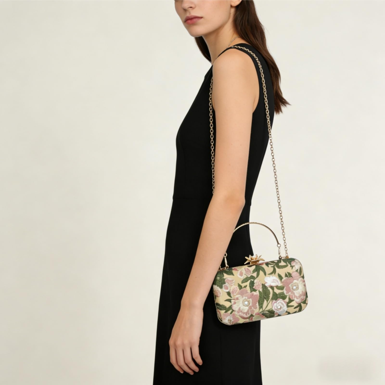 Bolso de Noche para Mujer, Bolso de Mano con Bordado Floral, Perla Clutch de Cóctel con Cadena, Bolso de Hombro Jacquard para Boda, Fiesta