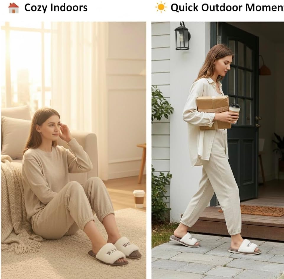 Women’s Fuzzy Open-Toe House Slippers, Soft Indoor Slides, Cozy Plush Home Shoes with Anti-Slip Sole for Bedroom, Living Room;Pink - Image 4