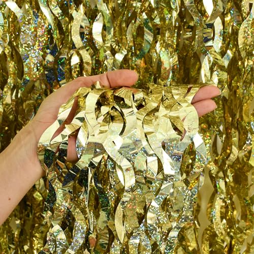 Image of TONIFUL 3Pcs Wavy Metallic Tinsel Foil Fringe Curtains Champagne Gold Streamer Backdrop for Photo Booth Props,Party Door Wall Curtains Bachelorette Wedding Birthday New Year Decor (9.9ft x 6.6ft)