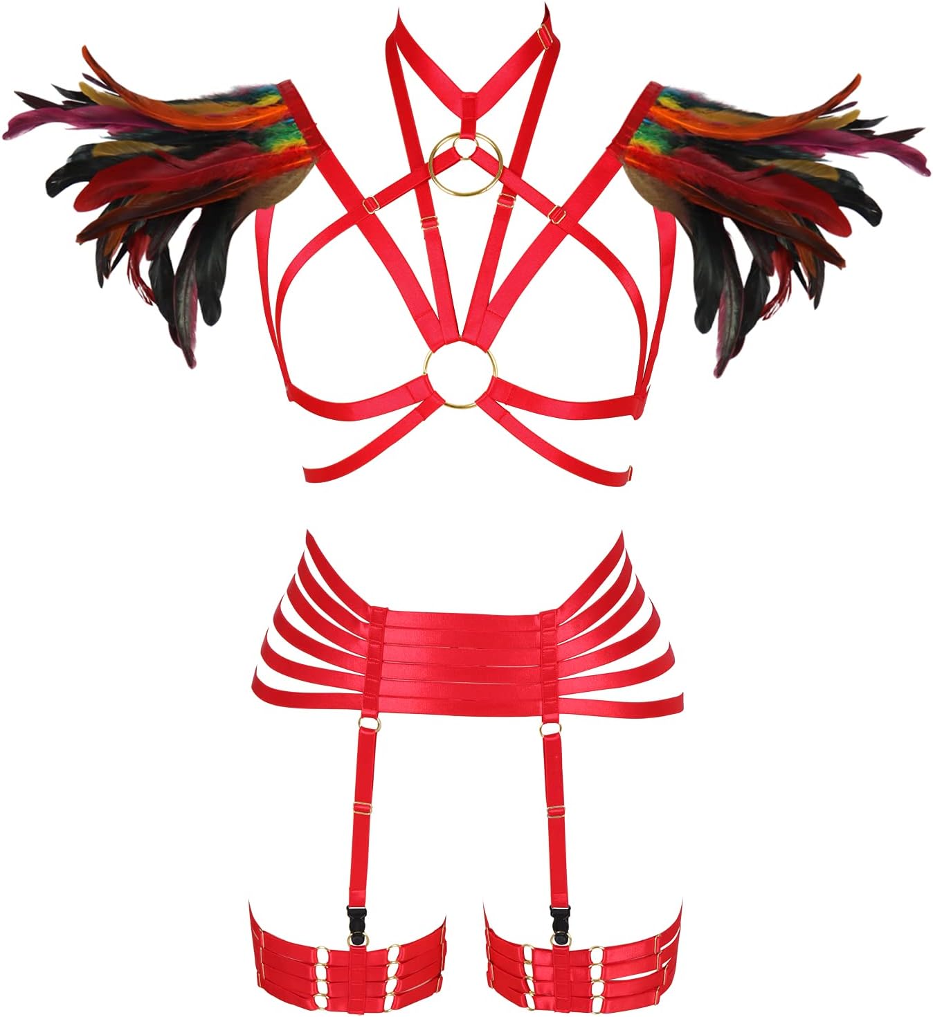 Womens Feathers Body Harness Lingerie Full Strappy Cage Garter Belt Set Elastic Hollow Top Bra Punk Gothic Festival Rave Wear