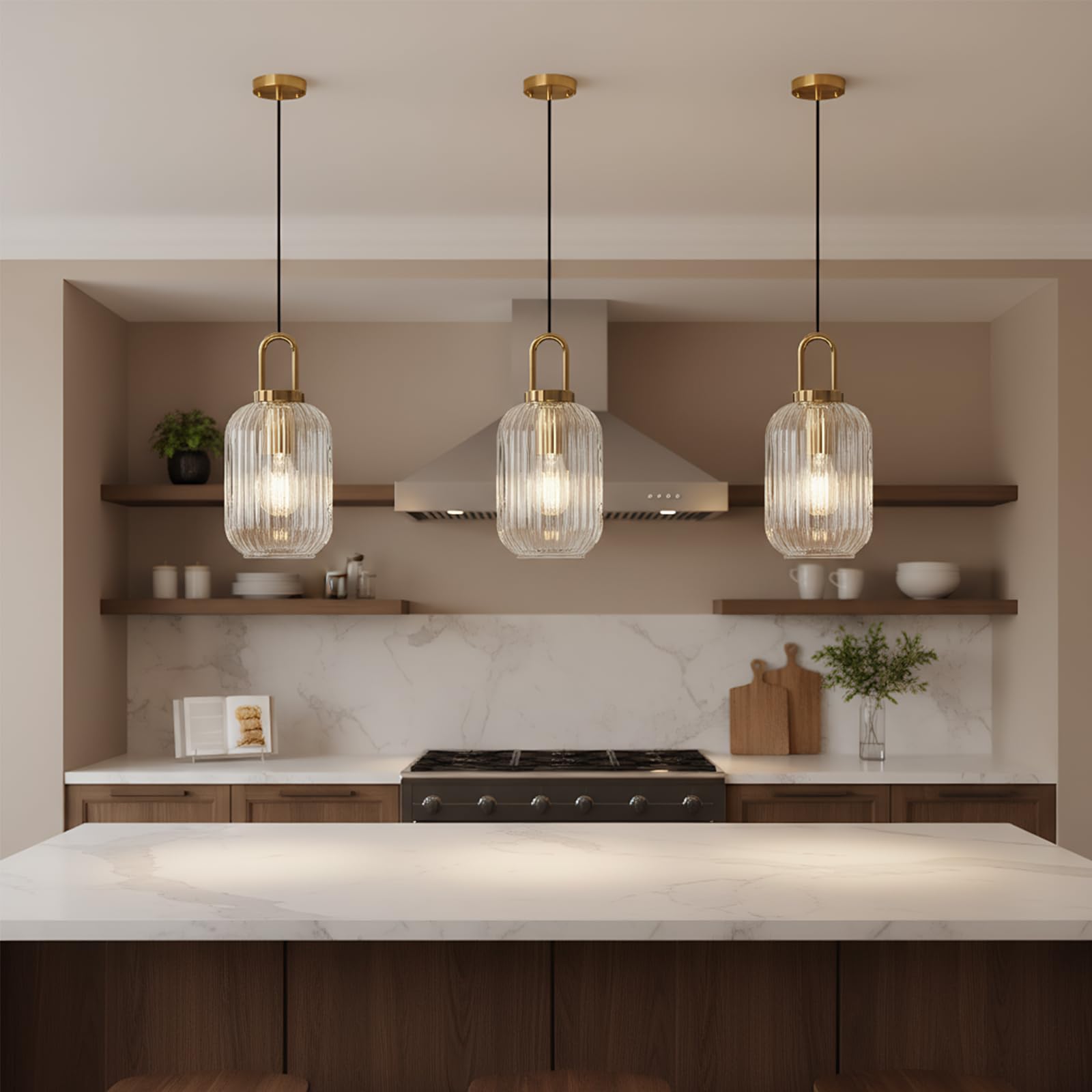 EKSED Lámpara colgante de vidrio transparente con acabado en oro bronce, lámpara colgante de luz de techo retro moderna para mesita de noche, mesa de comedor, isla de cocina (140 mm)