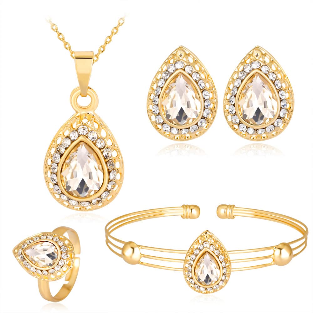 QKEPCYWater Drop Necklace Earrings Ring And Bracelet 4 Piece Beautiful Rhinestones Pendant Necklace Elegant Chic Wedding Banquet Jewelry Set Suitable for Women Bridal