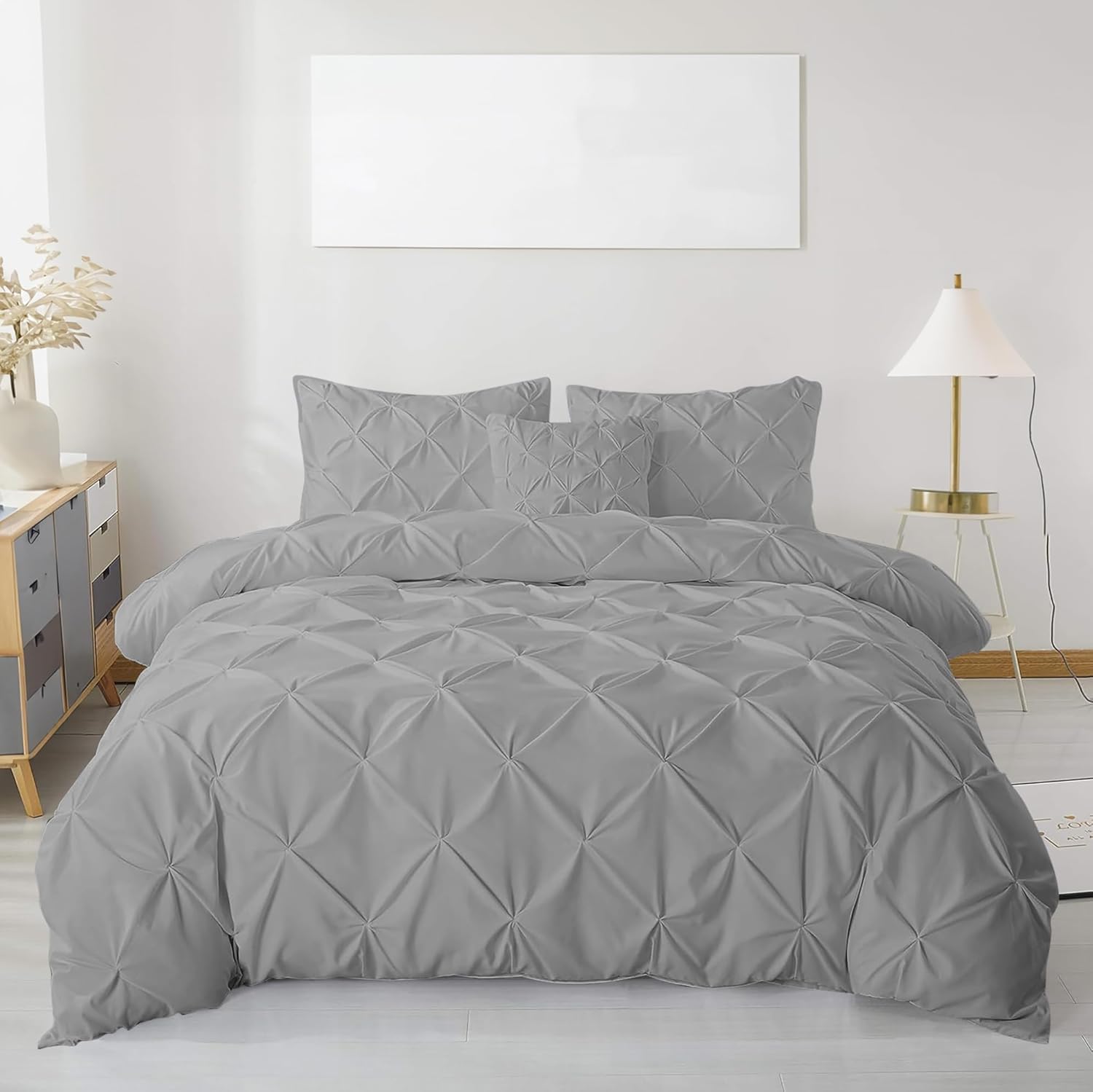 MK Home Textile Pintuck Duvet Cover Set – Luxury Pinch Pleat Bedding with Pillowcases, 100% Soft Microfiber, Wrinkle-Resistant Quilt Cover, Single Double King Super King (Silver, Double)