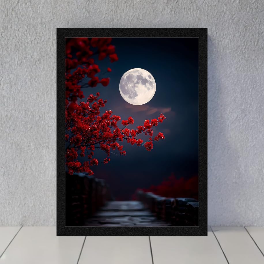Full Moon Night Wall Art with Red Cherry Blossoms, Black Frame