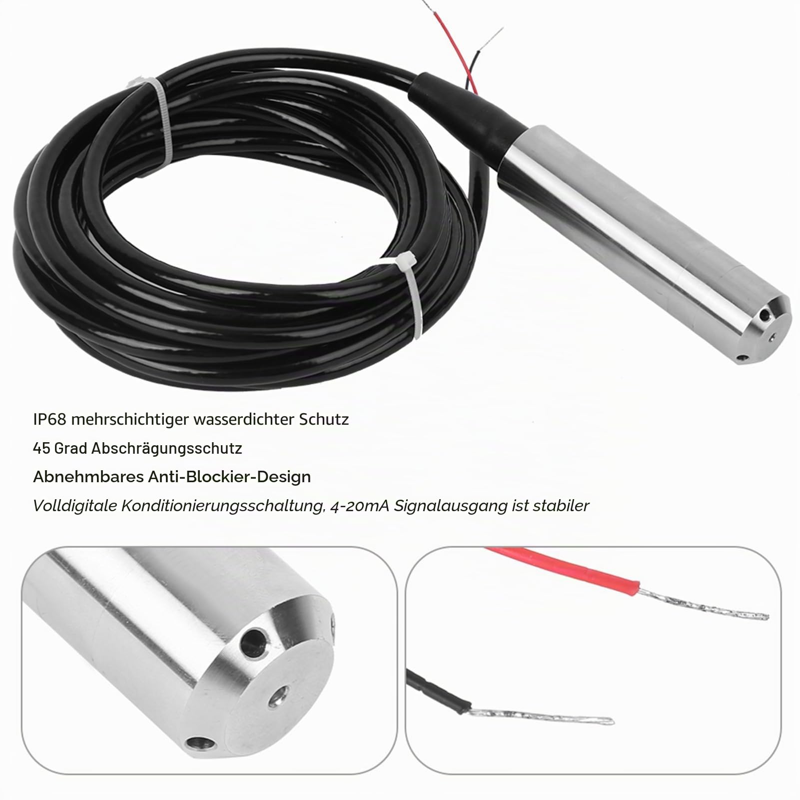 Wasserstandsensor TL-136, Flüssigkeitsstandgeber 12-32VDC 4-20mA Edelstahl, Industrielle Durchflussschalter Reichweite 0-5m, 304 Edelstahl Signalausgang