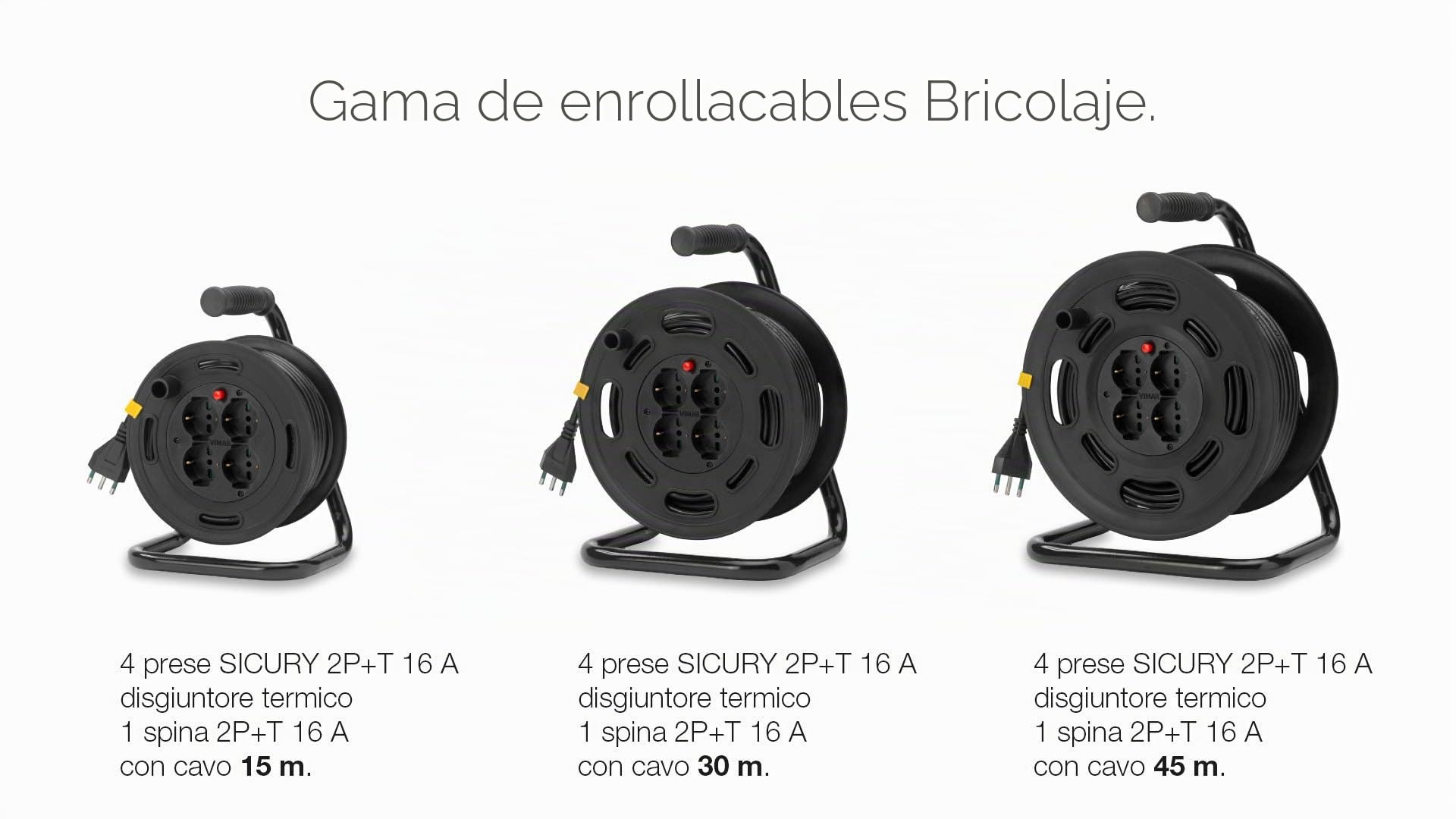 Vimar 0P32730 Enrollacables con disyuntor térmico de protección, 4 Tomas de Corriente universales estándar Italiano P40, Clavija estándar Italiano S17, Cable 15m