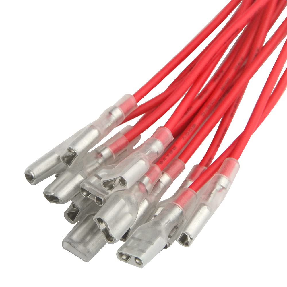 30Pcs 6.3mm Quick Splice Female Spade Terminal Connector Wire Crimp Terminal with Insulating Sleeve Assortment Kit AWG 22-14 and 20cm Wire(Red + Black)