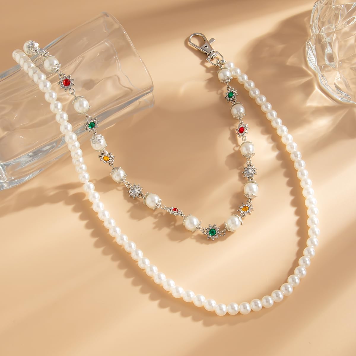 レイヤードパンツ ウォレットチェーン メンズ レディース トレンディ ヴィンテージ フラワー パール ラインストーン ウォレット チ