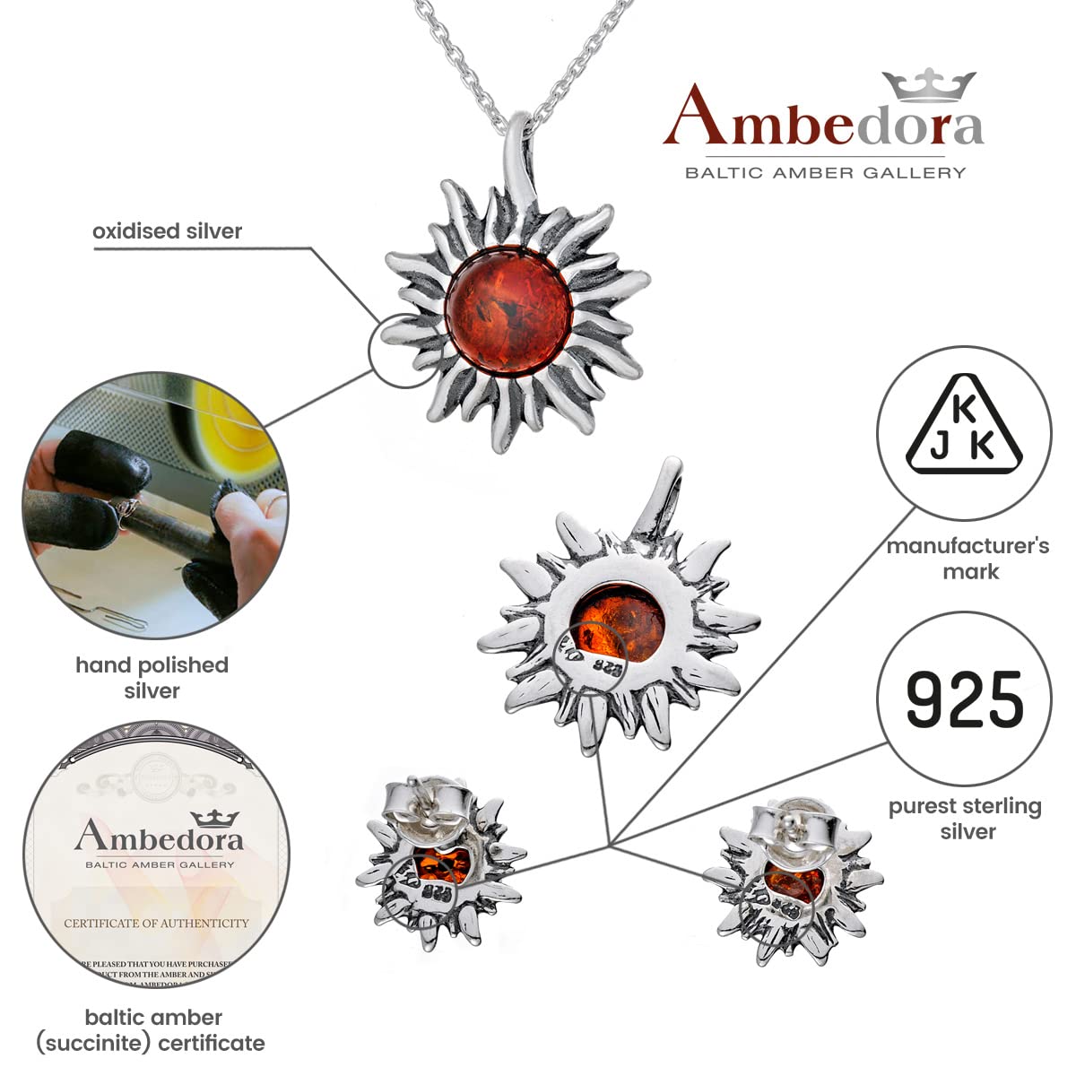 Set da donna in argento Sterling 925 con ciondolo a forma di piccolo sole (collana e orecchini), argento ossidato, ambra baltica in cognac, ciondolo con catenina e orecchini, set pronto per un regalo