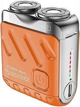 Luggage Mini Electric Rotary Dual Ring Pocket Beard Shaver, Wet & Dry Shaving Cordless Rotary Shaver, Portable Razor Suitcase Design, USB Rechargeable for Home Travel Orange