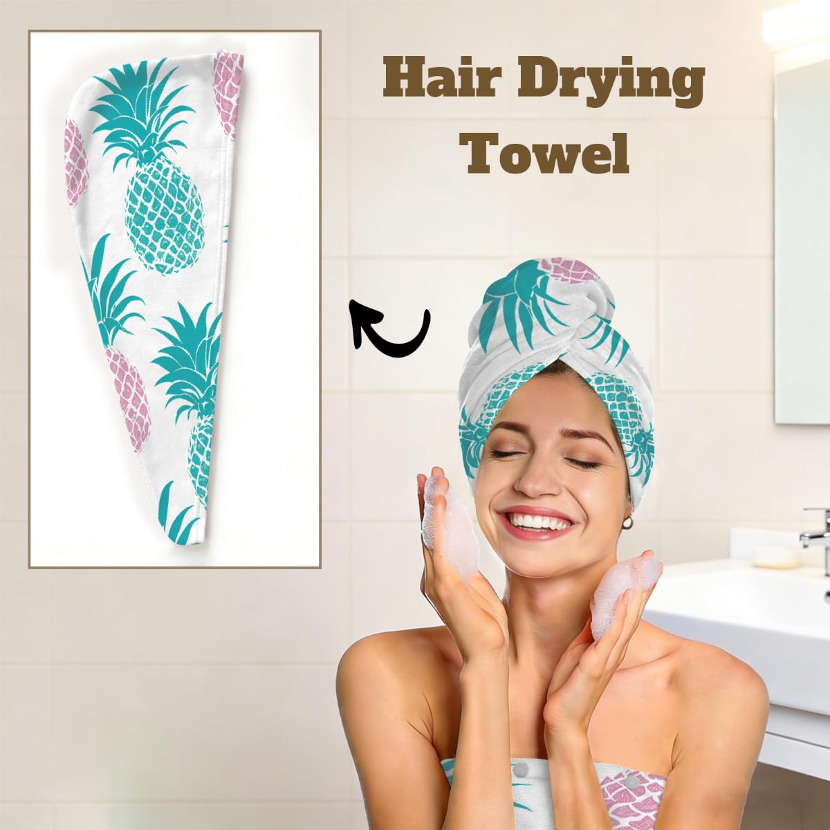 Lot de 2 serviettes de douche en microfibre pour femme avec serviette à cheveux, motif ananas coloré et bonnet de séchage des cheveux pour la plage, la piscine, le spa