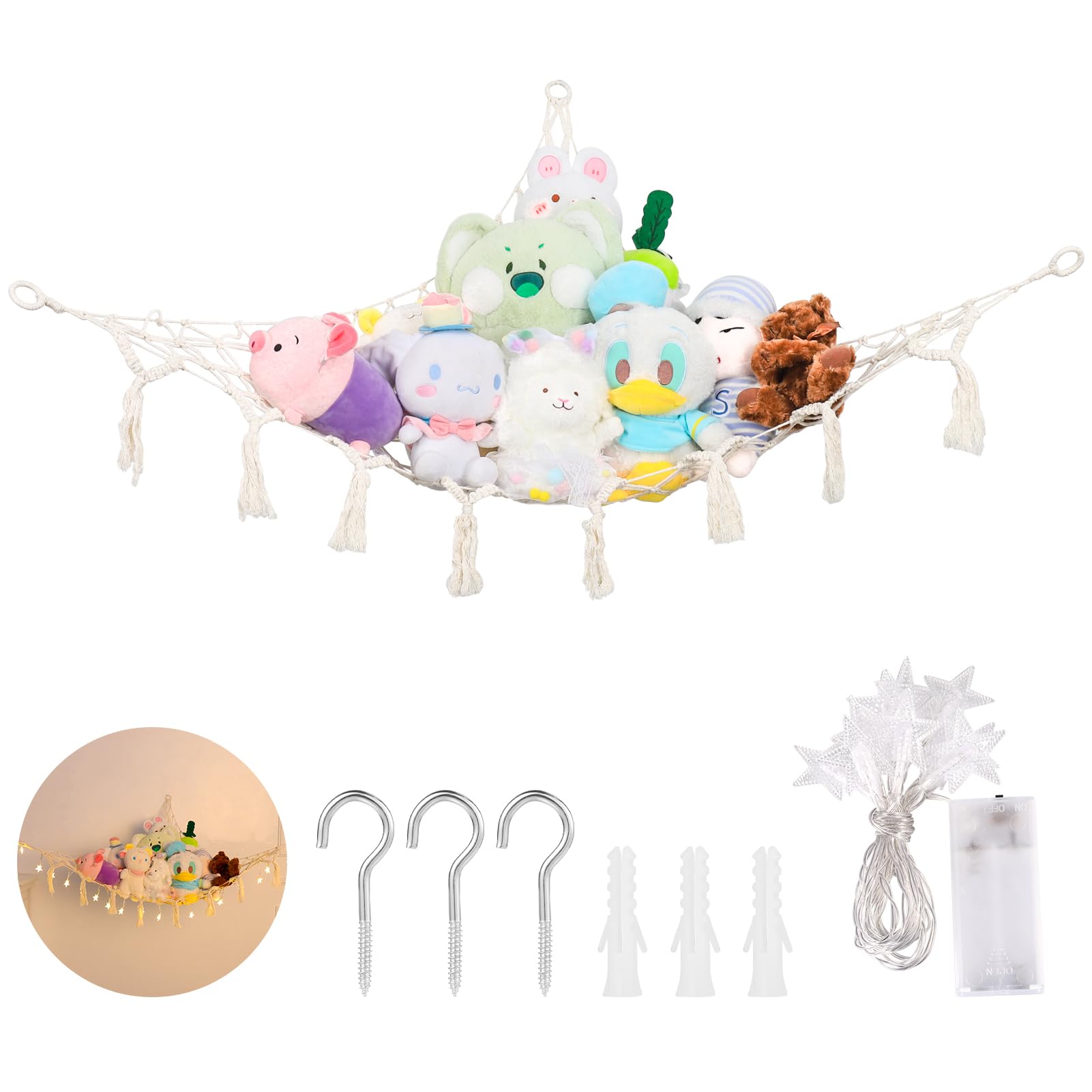 Heyu-Lotus Toy Net Hammock for Stuffed Animals,Cute Toy Net Holder with Tassels,Teddy Hammock Soft Toy Storage Net, Large Corner Network for Kids Room Plush Toy Storage Bedroom Storage Nursery