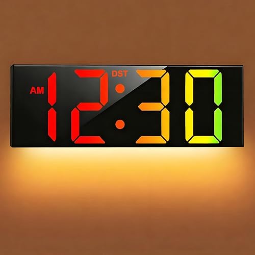 TrophyRak Reloj de pared digital grande de 12 pulgadas, con pantalla LED grande, colores RGB, atenuador, DST, luz nocturna para aula, sala de estar,