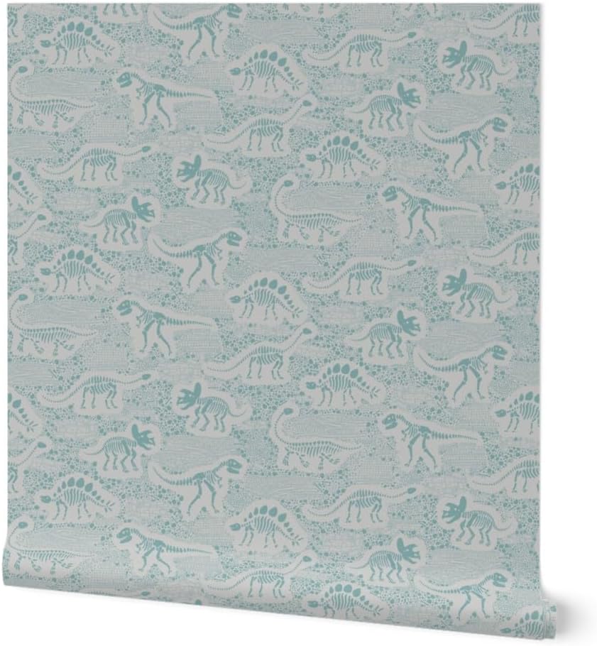 Peel & Stick Wallpaper Swatch - Dino Fossil Stegosaurus Triceratops Diplodocus Slate Grey Geologist T-Rex Dinosaur Fossils Skeletons Custom Removable Wallpaper by Spoonflower