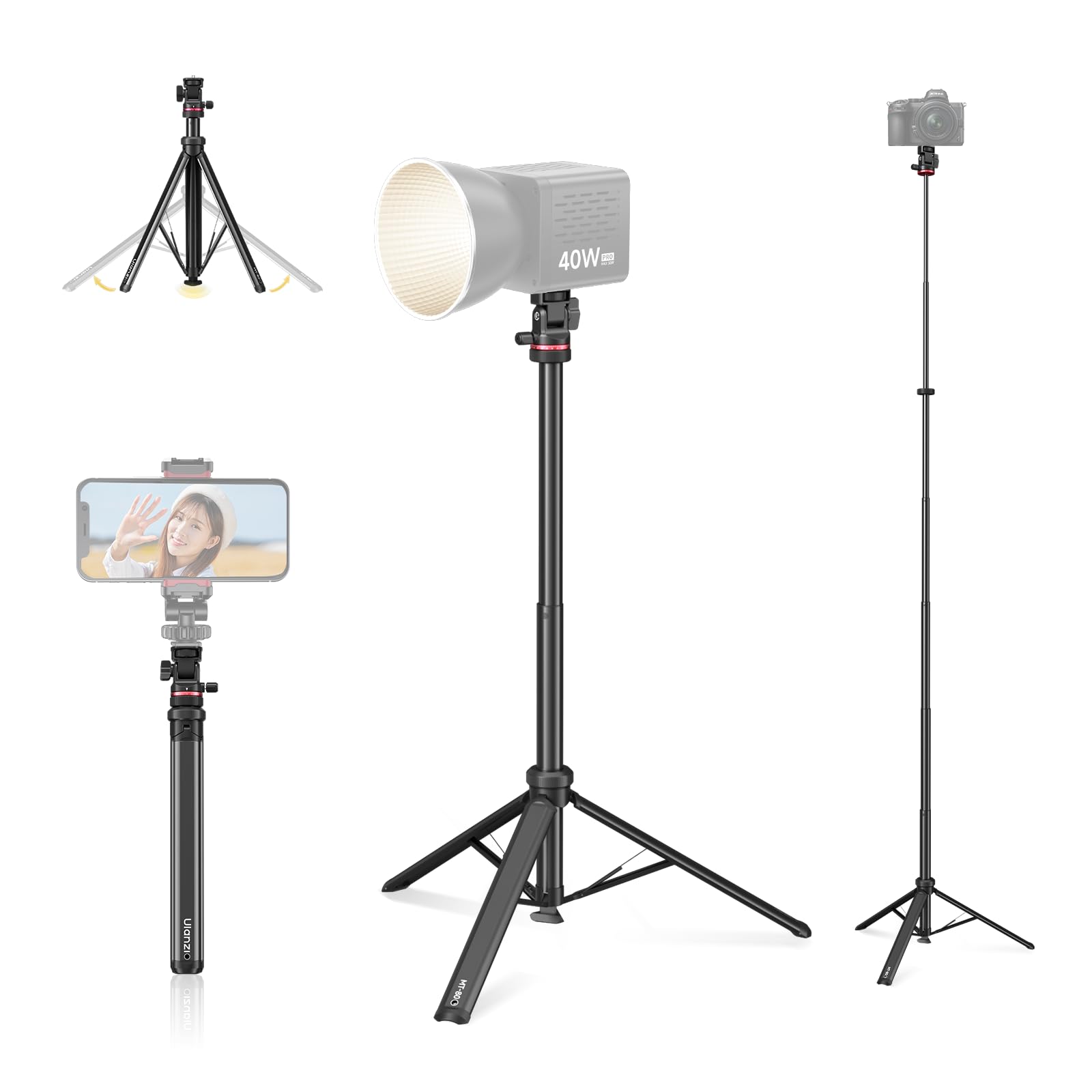 ULANZI MT-80 Ausziehbares Stativ Aluminium, 213cm Lichtstativ tragbares verstellbares mit 1/4" Schraube, 360° Kugelkopf mit Verstärkte Bodennagellöcher, Handy stativ für Kamera, Videolicht, Smartphone