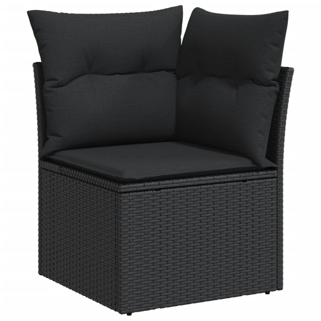 11-TLG. Garten-Sofagarnitur Schwarz Poly Rattan Ecksofa Mittelsofa Tisch Hocker Regal mit Glasplatte und abnehmbaren Kissen modular wetterfest für Balkon Terrasse und kleine Gärten