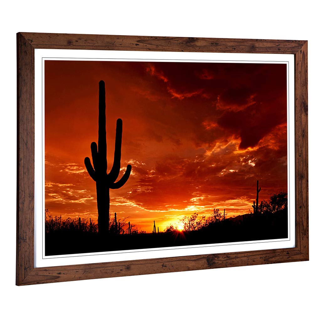 Big Box Art Framed Print of Landscape Saguaro Orange Sunset Design | Wall Art Picture | Home Decor for Kitchen, Living Room, Bedroom, Hallway, Walnut, A2 / 24.5x18 Inch / 62x45cm