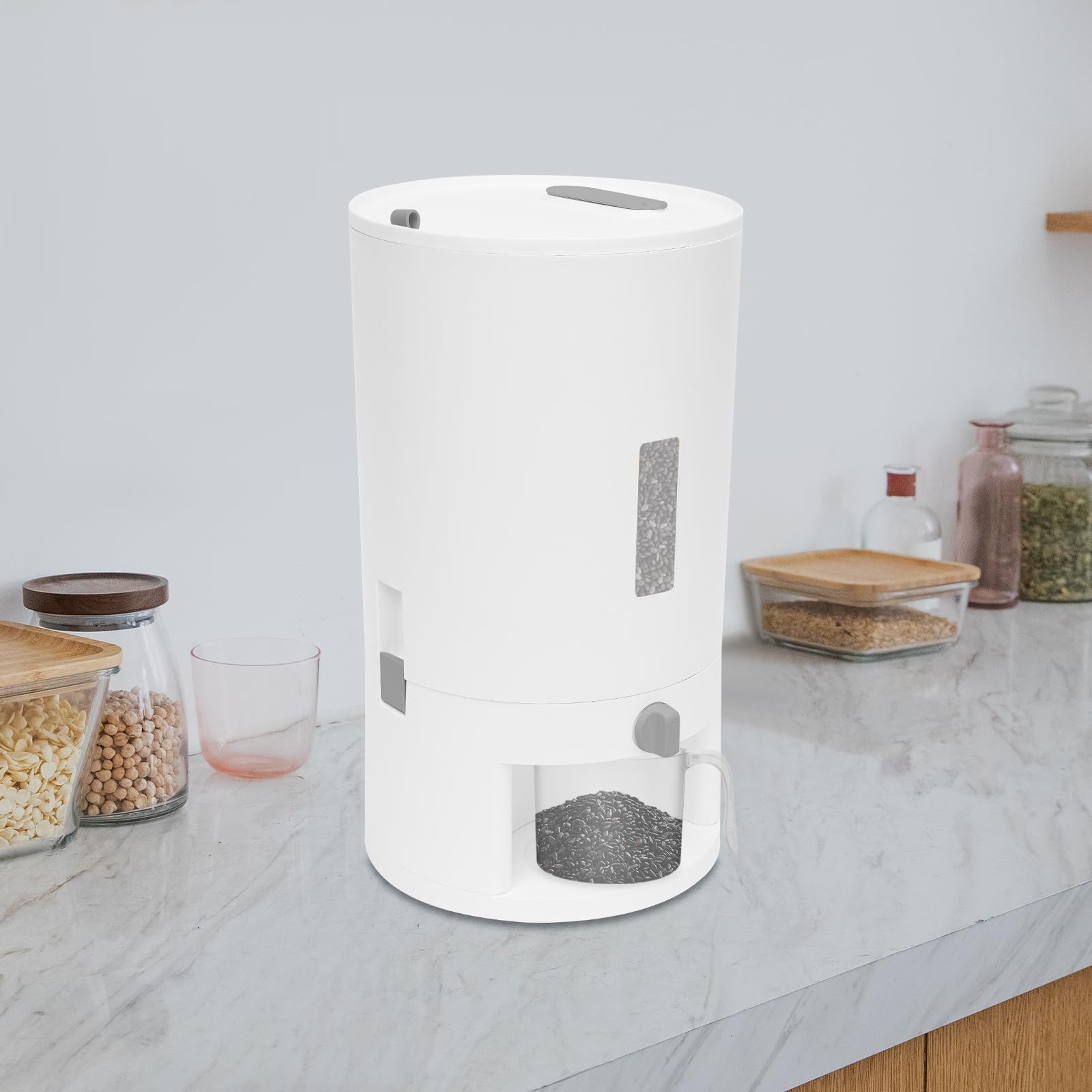 Contenedor de arroz de 20 l para cocina, alimentos, cereales, arroz, dispensador de cereales de plástico, con vaso medidor y ventana, para arroz, harina, cereales, nueces, frijoles