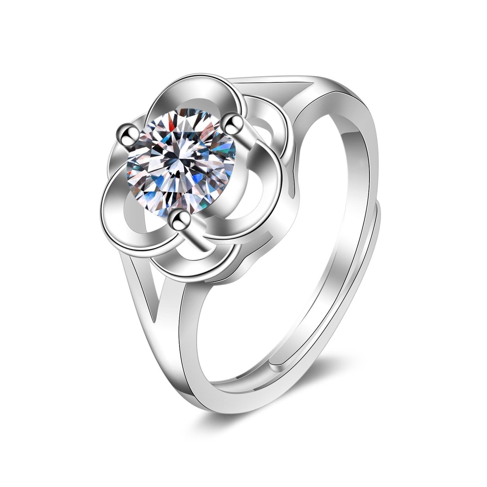9 Karat Weißgold Matching Rings Labordiamant Weiß, Engagement Ring Hohle Blume, 3 Zinken, Rund, 1 Karat, Labordiamant, 6,5 mm