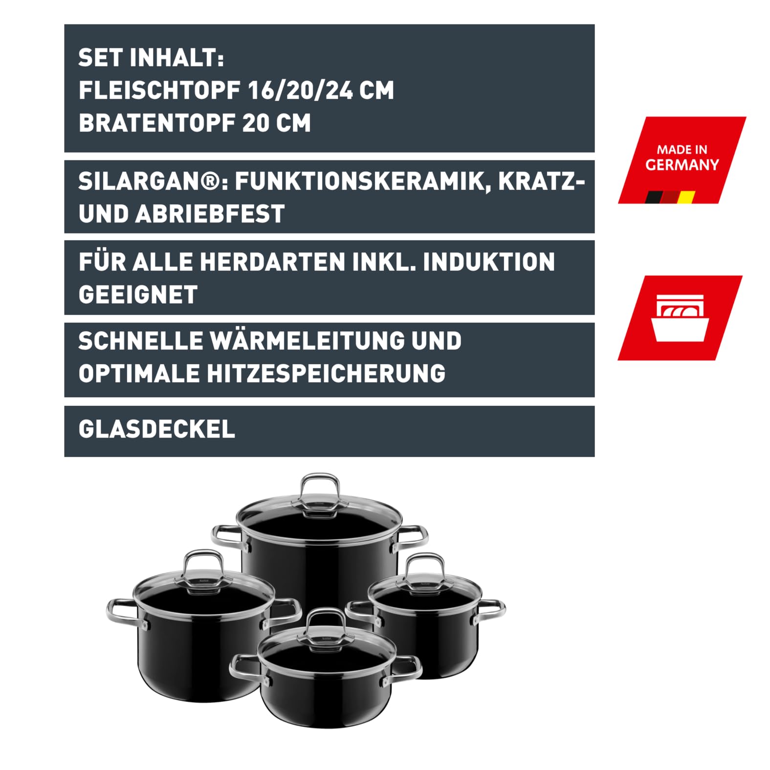 Silit Elegance Line Topfset Induktion 4-teilig, Kochtopf Set mit Glasdeckel, Silargan Funktionskeramik, Induktions Töpfe Set nickelfrei, schwarz