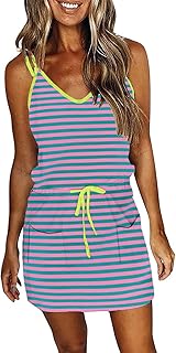 Womens Summer Trendy Striped Dresses Sleeveless Halter Strap Mini Dress with Pockets - Buy now