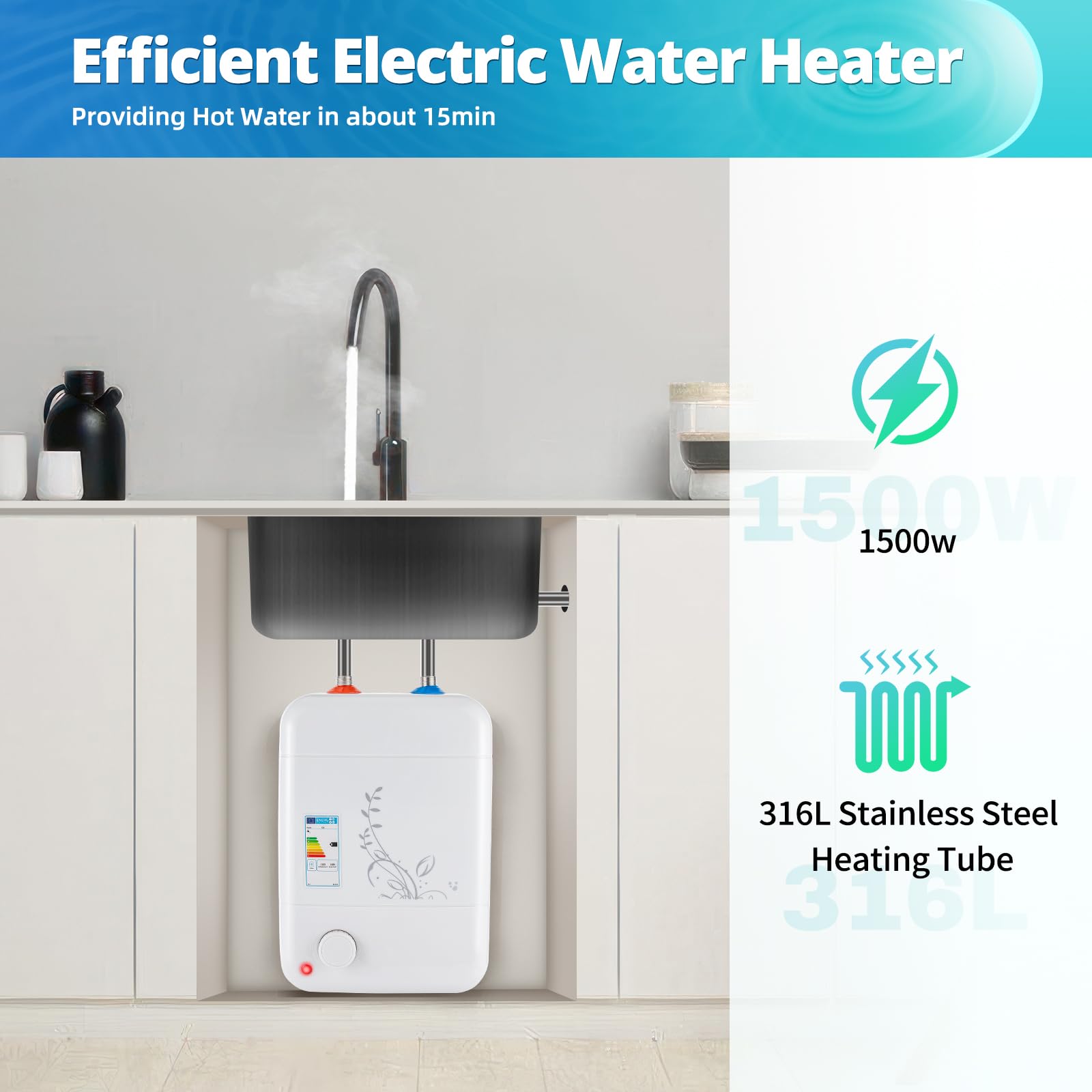 NadineDutol Kleine boiler, drukvaste ondertafelboiler, warmwater, elektrische boiler, opslag, ondertafel, stekkerklaar, drukloze aansluiting, onderbouw, 8 l, 1,5 kW