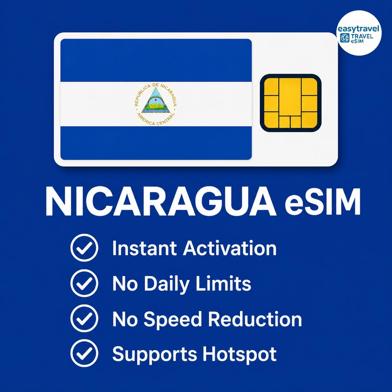Nicaragua eSIM High Speed Data Supports Hotspot 30 Days 3-20GB Email Delivery (20GB for 30 Days)