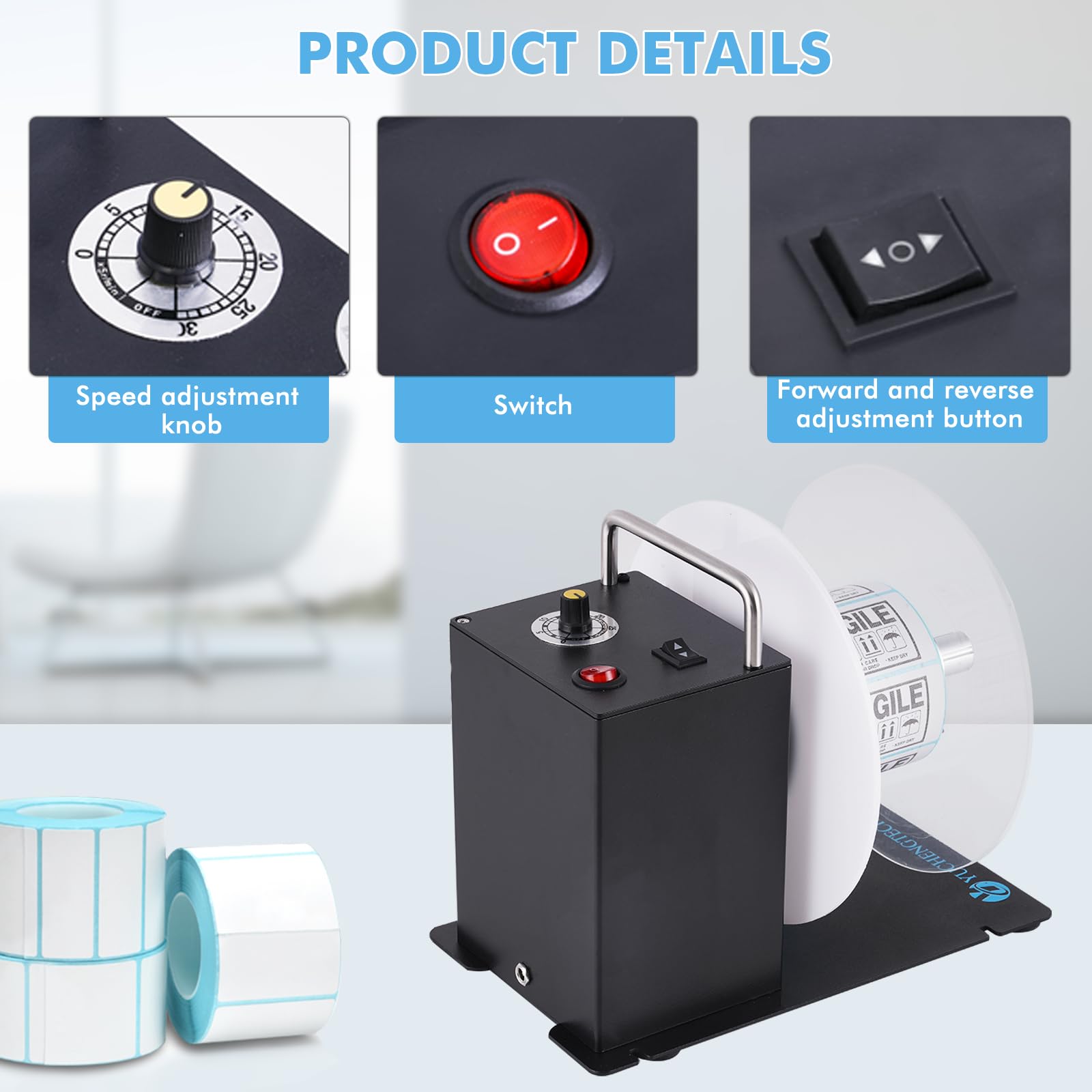 YUCHENGTECH Avvolgitore Etichette Automatico Diametro 200mm Velocità 0-200 mm/s Riavvolgitore Etichette Bidirezionale per Nucleo 1/1.5/3 Pollici con Istruzioni e Accessori