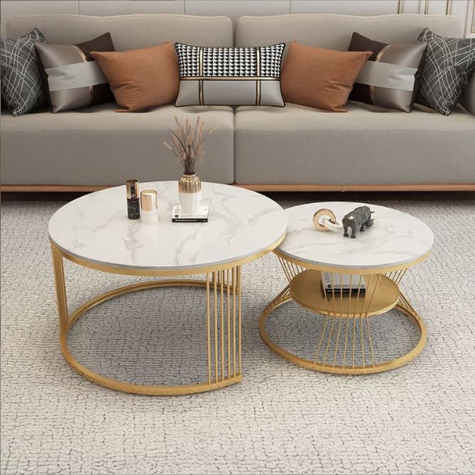 Tables basses rondes effet marbre de prestige et métal doré chic