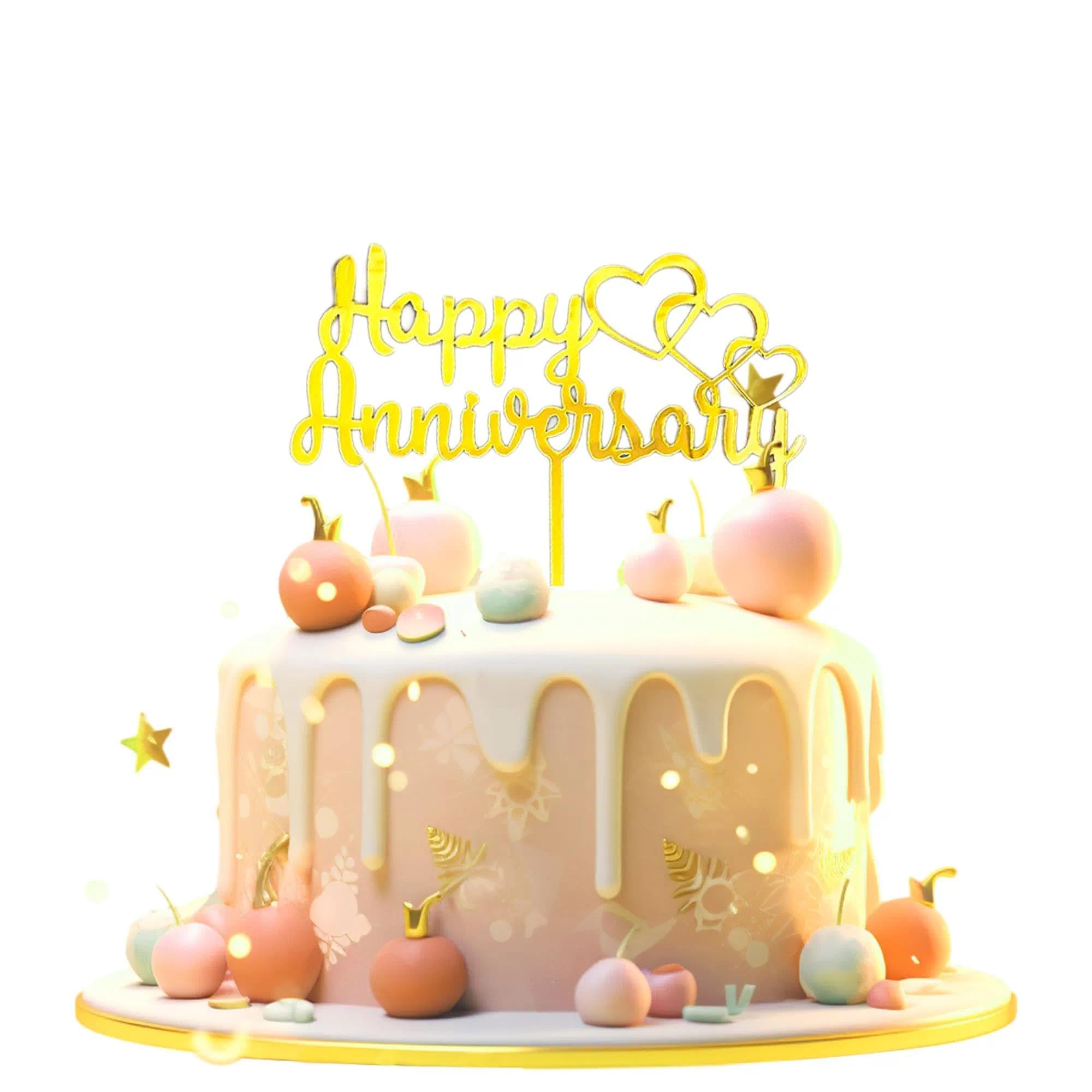 Happy Anniversary Cake Topper Mirror Acrylic Cake Decor Gold Heart Cake Decorations for Birthday Wedding Anniversary Party Supplies