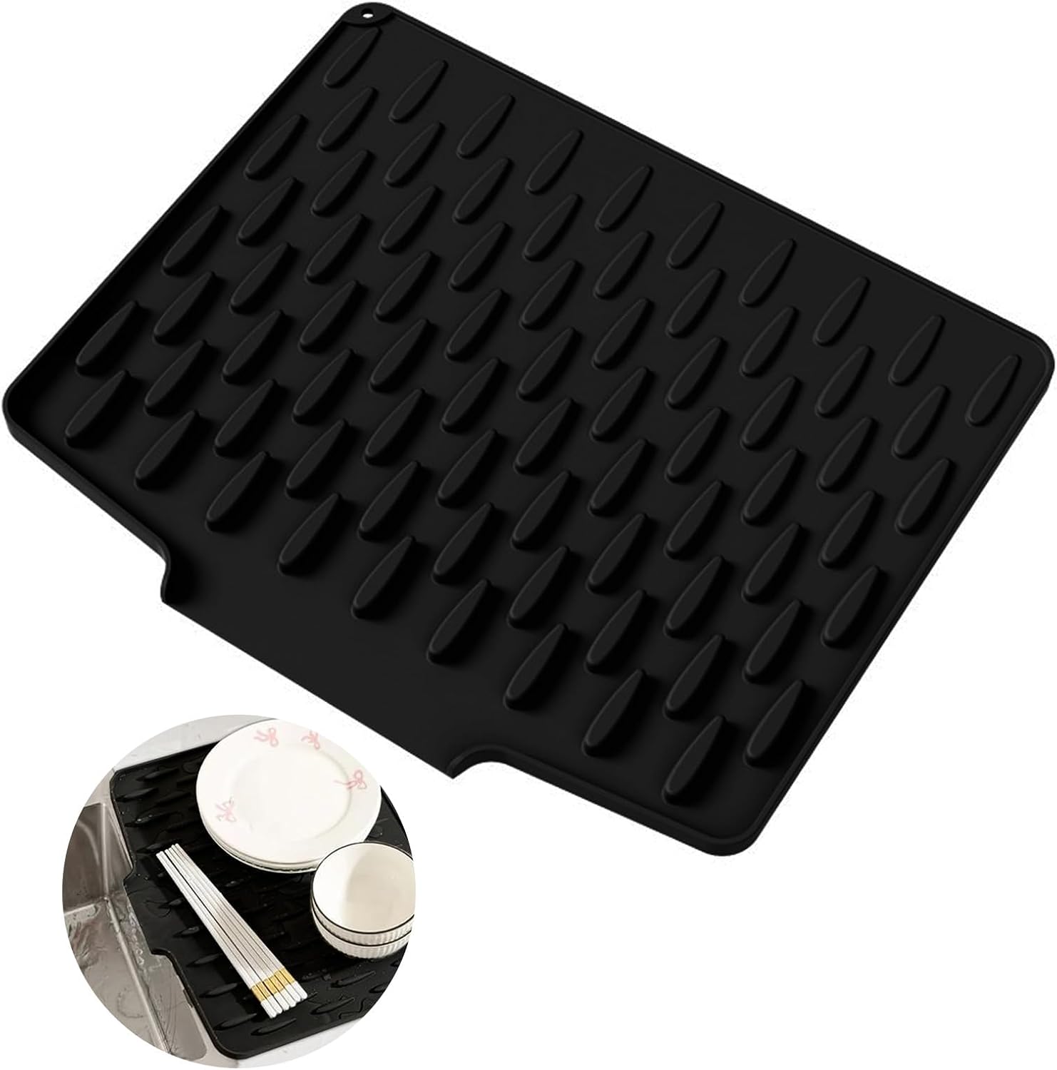Silicone Dish Drying Mat for Kitchen Counter - 15.7x12.8 Inch Fast Drainage & Heat Resistant, Non-Slip Base, Dishwasher Safe, Ideal for Dishes, Fruits & Vegetables, Sink (Black)