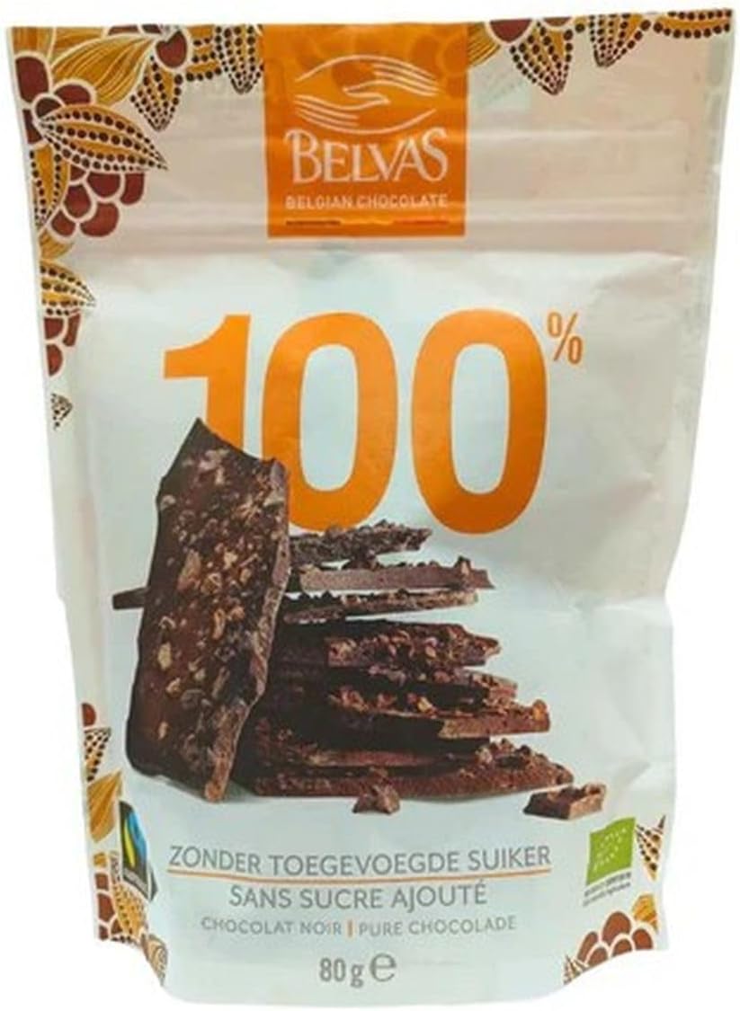 Belvas Belgian Thins Organic Dark Chocolate 100% Pure Cacao Nibs 80g