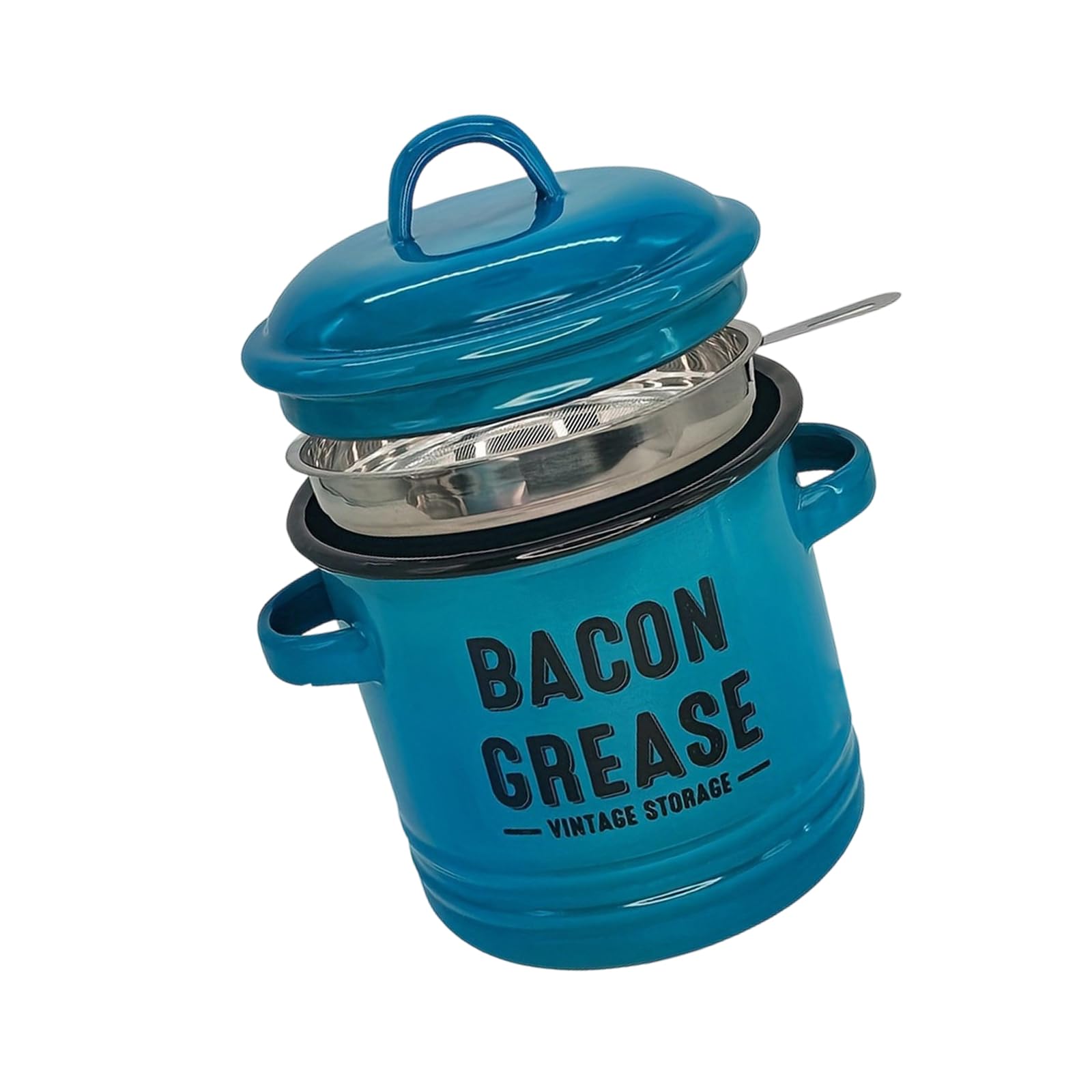 Jazuaiao Blue Multifunctional Miniature Enameled Bacons Grease Container And Seasoning Jar With Double Handles Kitchen Essential Item Double Handle Enameled Bacon Grease Container With Strainer Spoon Kitchen Gadget