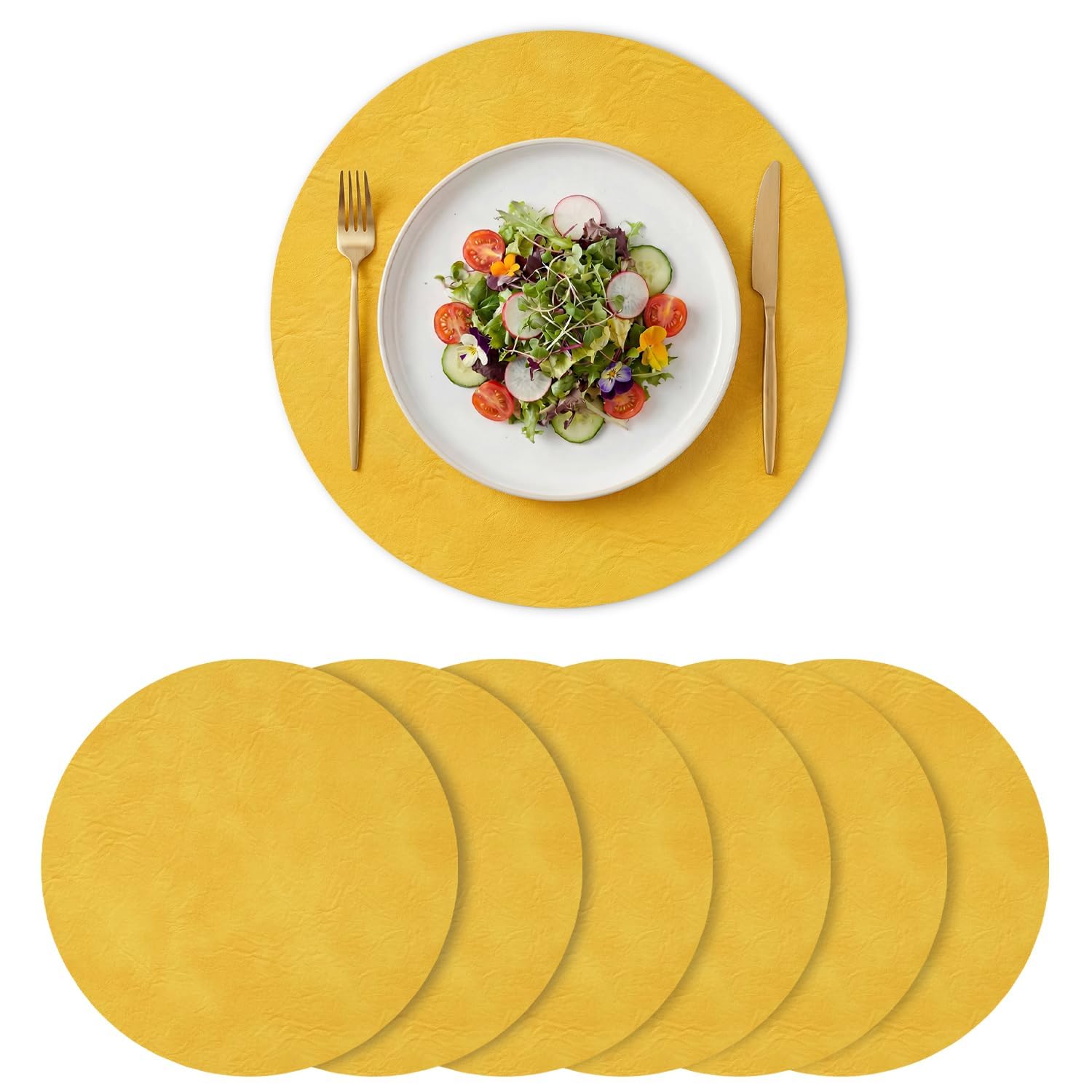 Artoid Mode Set di 6 Tovagliette Rotonde in Finta Pelle Giallo 38 x 38 cm, Antimacchia Resistenti al Calore, Decorazione per la Cucina
