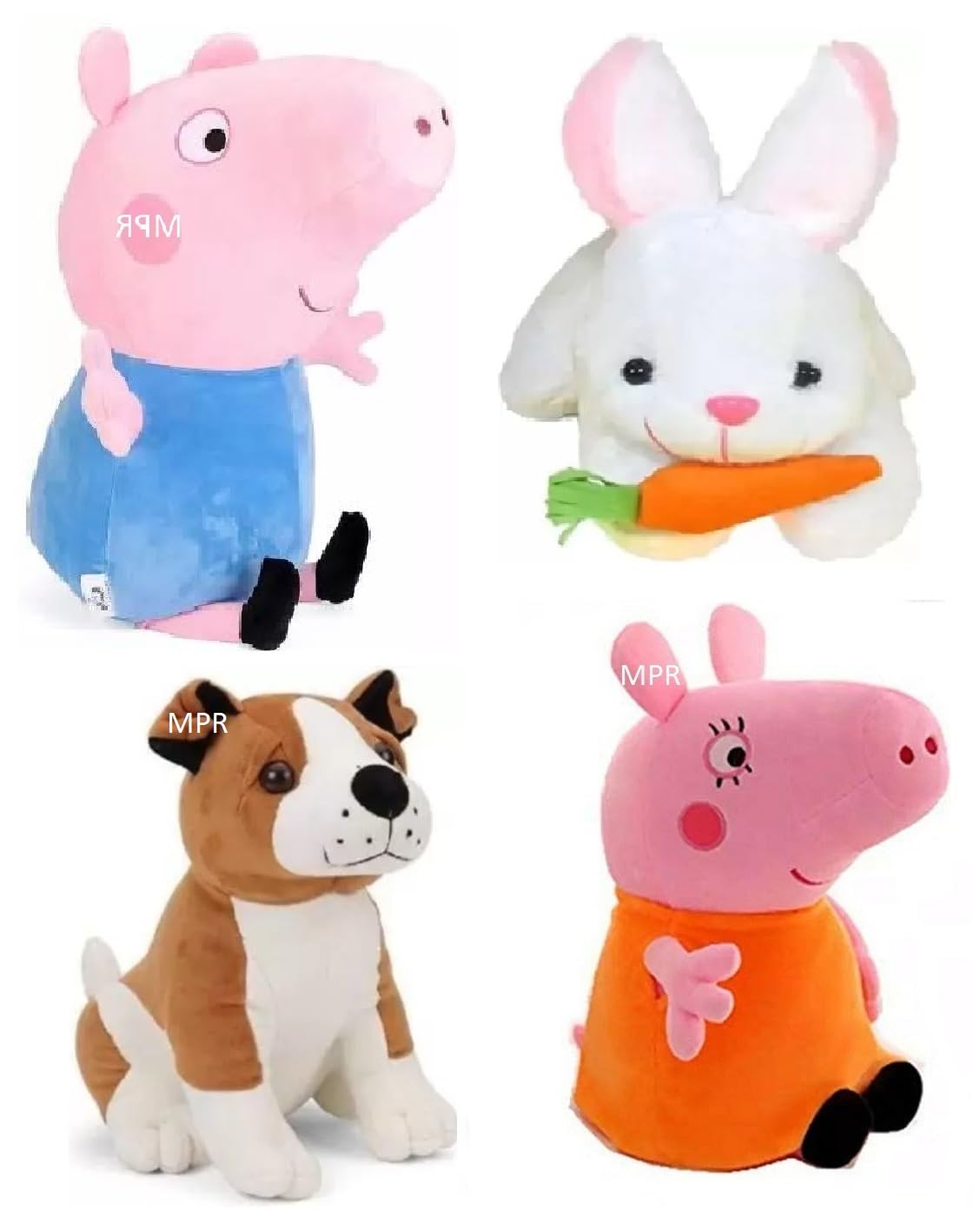 MPR Enterprises - George Pig, Bull Dog, Peppa Pig & Rabbit Kids Boys, Girls Cute Teddy Bear - 25 cm, Set of 4