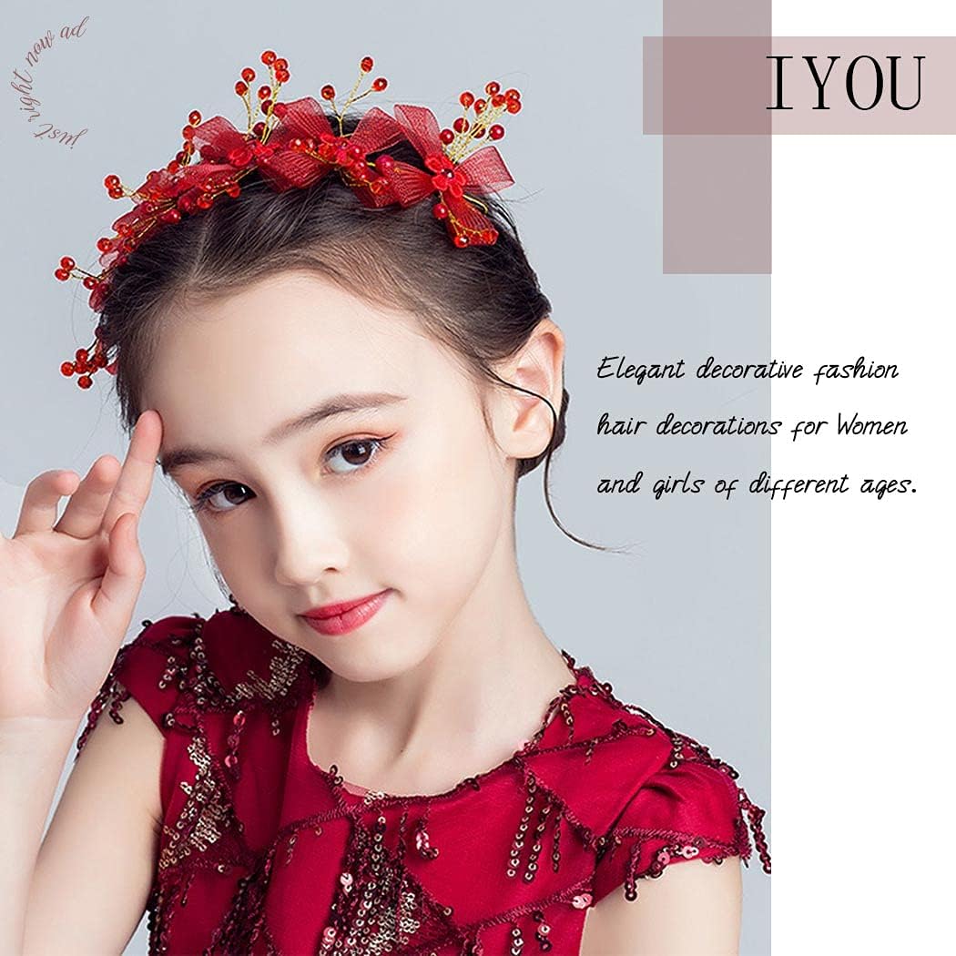 IYOU Floral Wedding Headpiece Red Crystal Bowknot Hair Dress Princess Flower First Communion Tiaras Hair Accessories for Flower Girls and Bridesmaid - Image 4