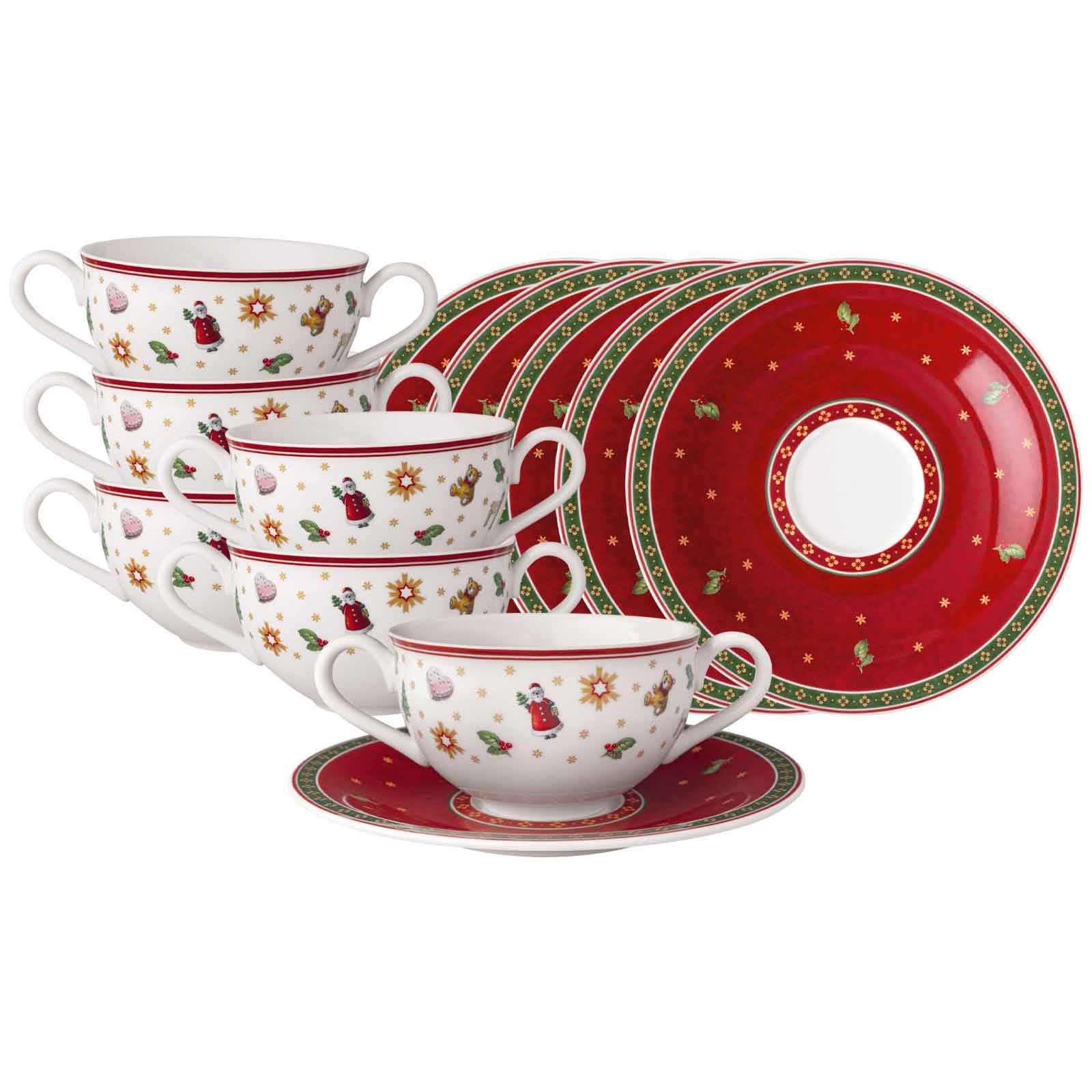Villeroy & Boch Toy's Delight Suppentassen mit Untertassen 6er Set, 250 ml, Weihnachtliches Suppengeschirr, Premium Porzellan, Runder Rand, Rot