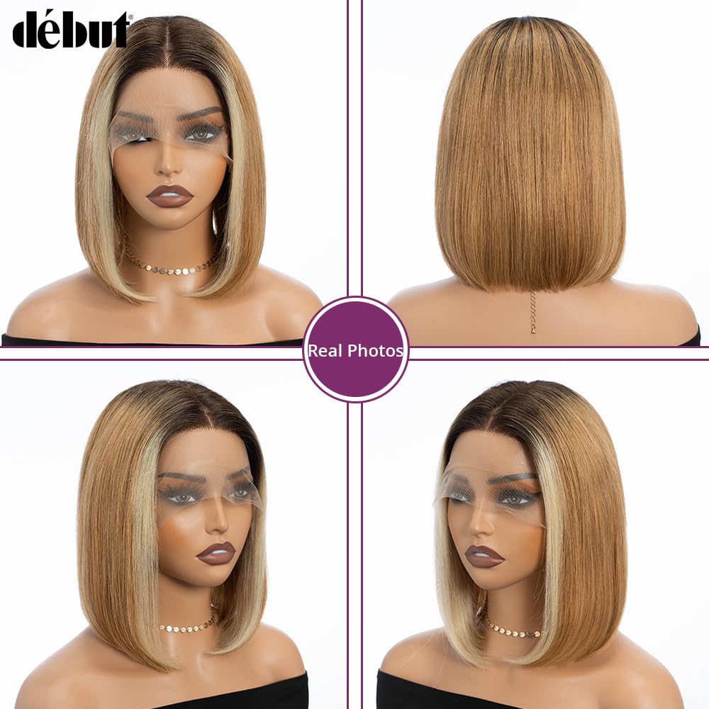 DÉBUT Skunk Stripe T Part Short Bob Wigs Lace Front Human Hair Wigs for Black Women Brazilian Virgin Straight Hair Middle Part Wigs Ombre Brown Blonde Highlight 613 10 Inches