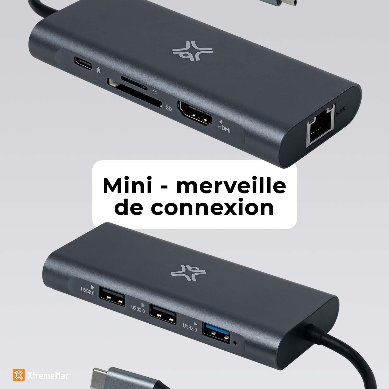 XTREMEMAC Hub USB-C â€“ 8 Ports â€“ USB-C PD, USB-A 3.0, HDMI 4K, SD/Micro, Ethernet RJ45 â€“ Silver