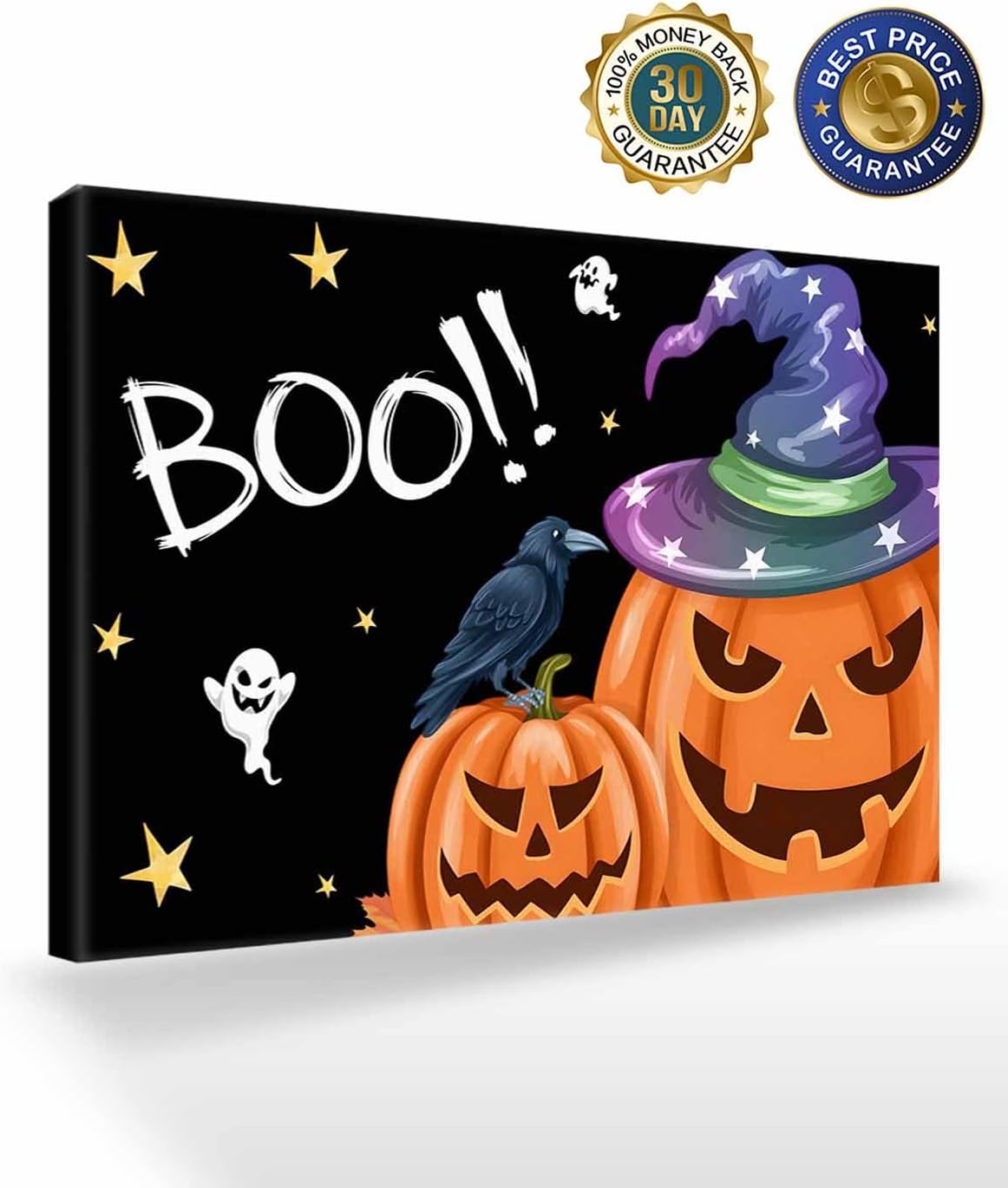 Halloween Canvas Printed Wall Art,Orange Pumpkins Witch Hat Oil Painting Prints Framed Picture,Black Boo Texts Painted Artwork for Home Bedroom Living Room Decor,24x16in 24x16in Black