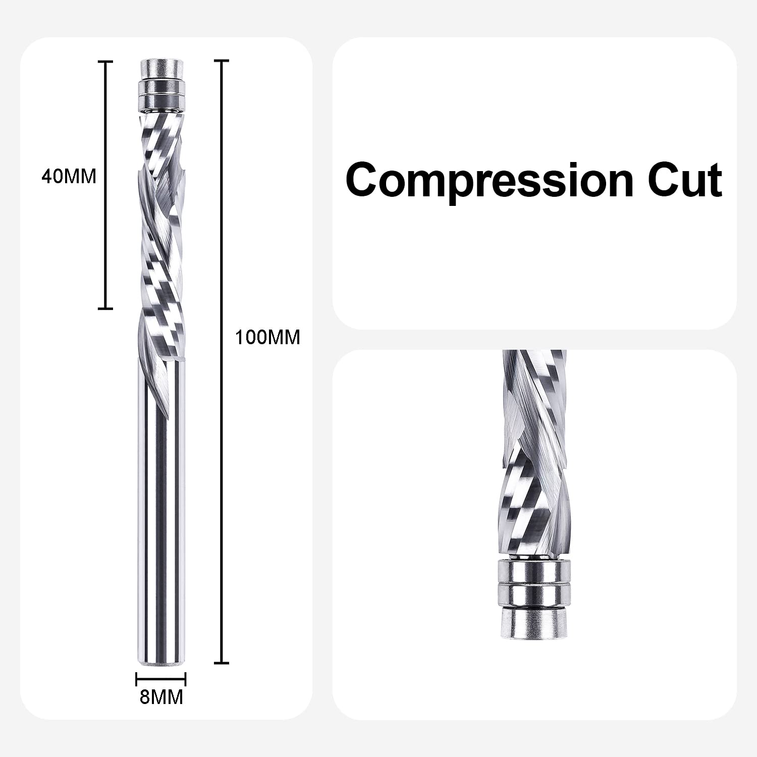 SpeTool Bündigfräser 8mm Schaft Spiralnutfräser Extra Lang Kopierfräser für Oberfräse Up&Down Kompressions 40mm Schnittlänge VHM Fräser Spiralgenutet doppeltem Kugellager Unten zum Holzbearbeitung