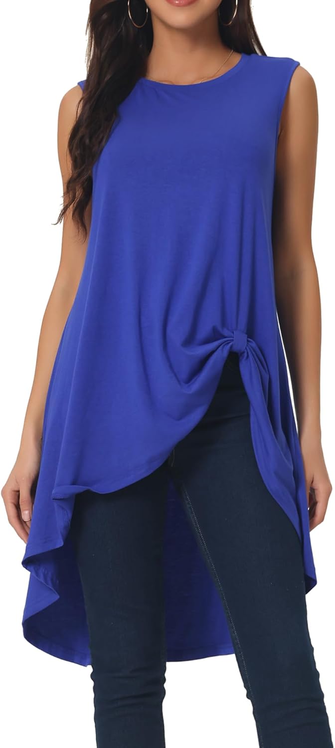 Seta T Women's High Low Tops Crewneck Twist Knot Sleeveless Tunic Top Dressy Asymmetrical Summer Loose Fit Shirts