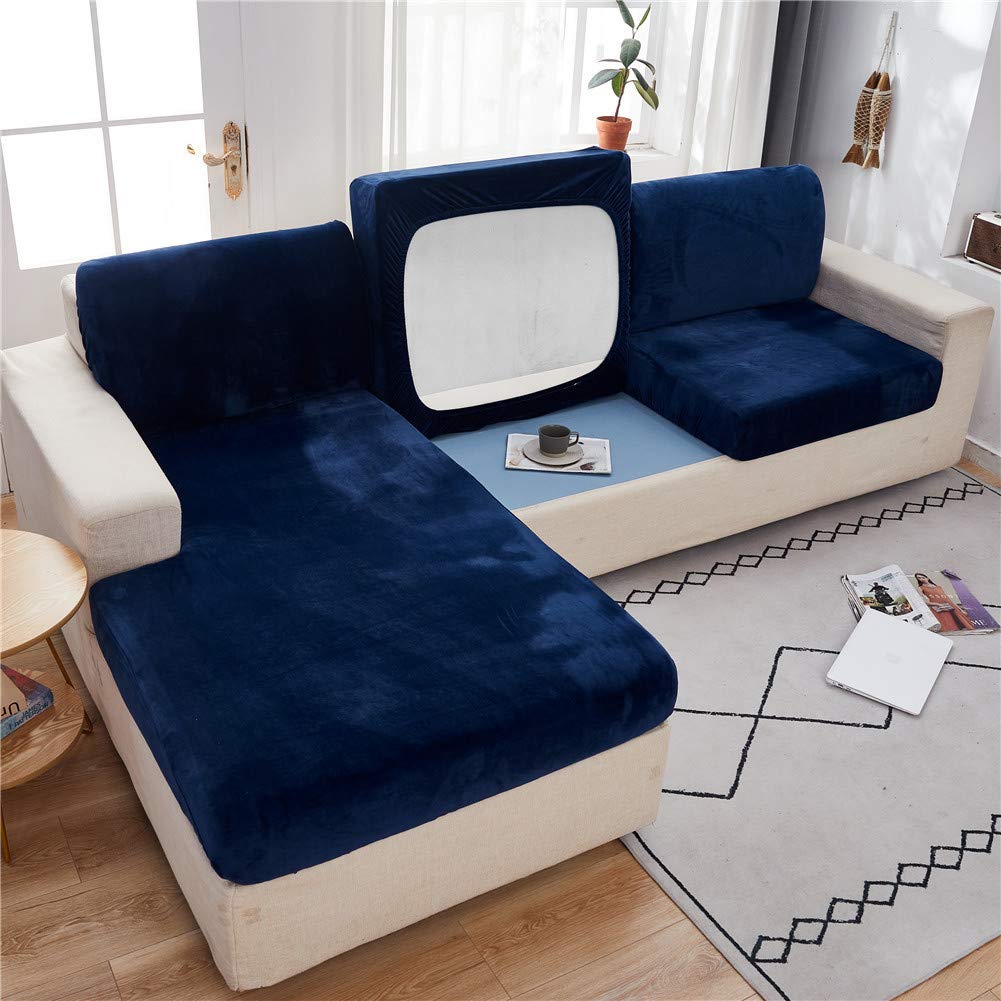 SYLC Sofa Seat Cushion Covers Velvet, Sofa Cushion Slipcovers Replacement, Couch Cushion Covers Thick Stretch for Individual Cushions (Navy blue,Large 4-seater) โ image 1