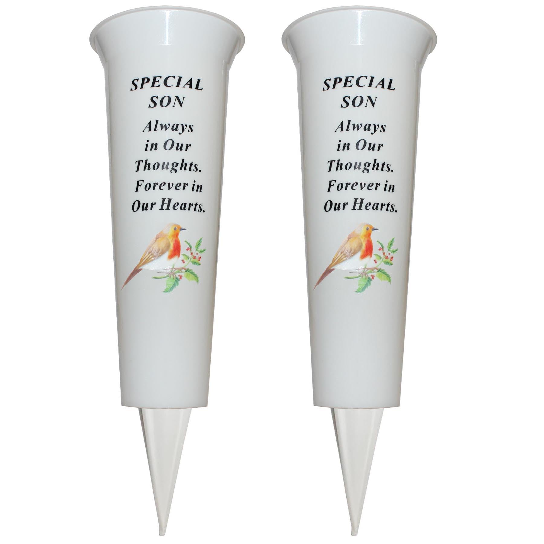 Set of 2 Memorial Grave Flower Pot - 33cm tall Sturdy White Memorial Graveside Flower Vase with Spike and Robin Image (Special Son)