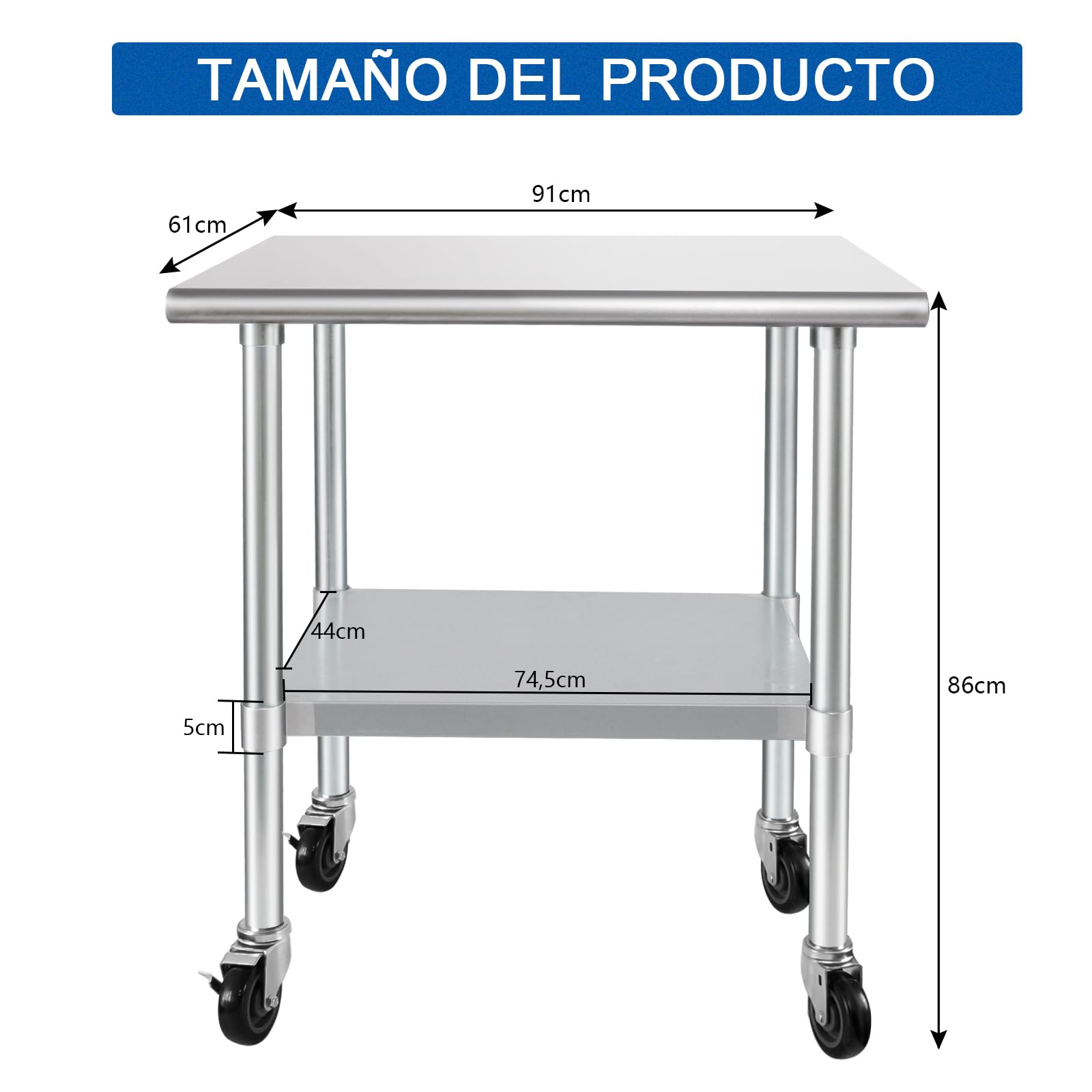 HARDURA Mesa de Acero Inoxidable con Ruedas 61×91cm Mesas de Preparación de Alimentos con Estante Bajo y Patas Galvanizadas para Restaurante, Cocina, Bar, Hotel, Garaje