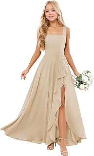 Junior Bridesmaid Dresses for Teen Girls Square Neck Long Chiffon Flower Girl Dress Ruffles Formal Wedding Gown 2-16Y