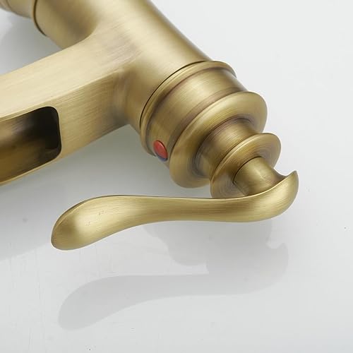 Miniatura 7 de BWE Grifo de baño de latón antiguo, grifo de lavabo de baño con cascada de un solo orificio, montaje de drenaje desplegable y manguera de