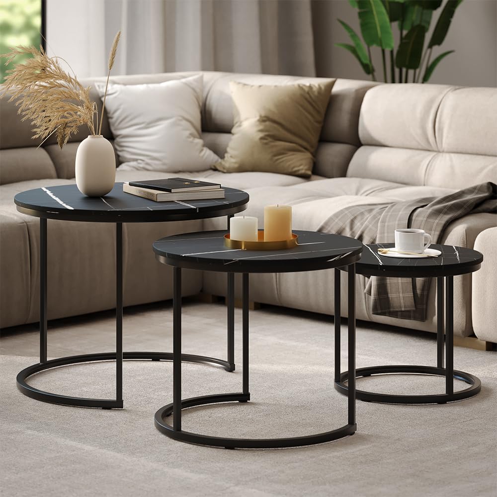 Vicco Set di tavolini da caffè Montreal, Marmo nero, 55 x 55 cm 3 parti, salvaspazio, pieghevole e combinabile in modo versatile