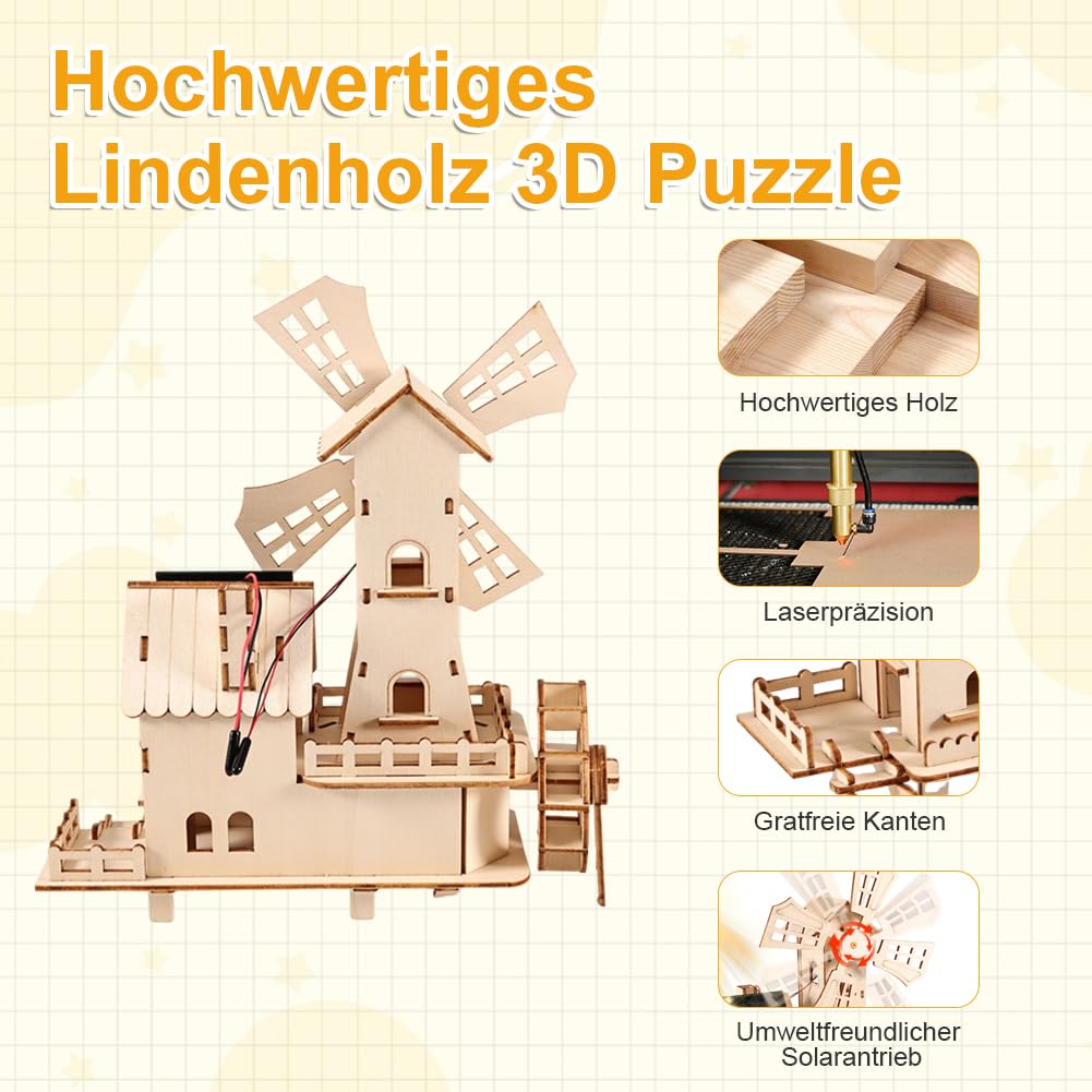 3D puzzle drewniane Dom z wiatrakami solarnymi - zestaw do majsterkowania DIY dla dorosłych - zestaw budowy modelu z obracającą się turbiną wiatrową zasilaną energią słoneczną | W tym