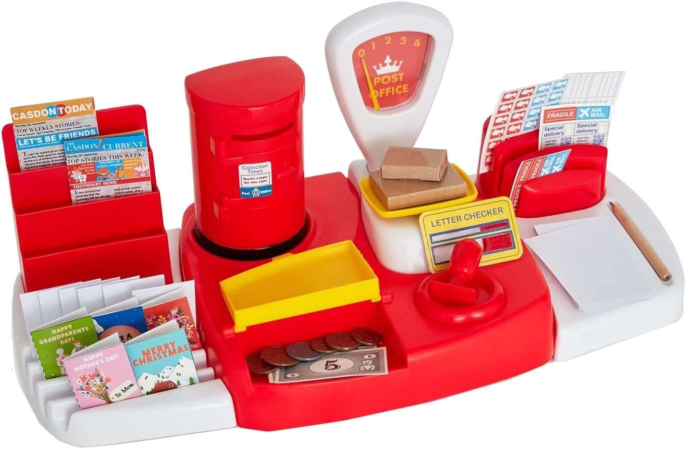 Casdon Post Office Set. Realistic Postal Counter Playset. Includes Weighing Scales, Play Money, Stamp and More. for Ages 3+